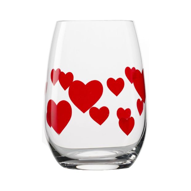Set of six L'Amour Red Heart whisky tumblers by Glassware UK, 335ml each, clear glass with red heart design for whisky drinks.