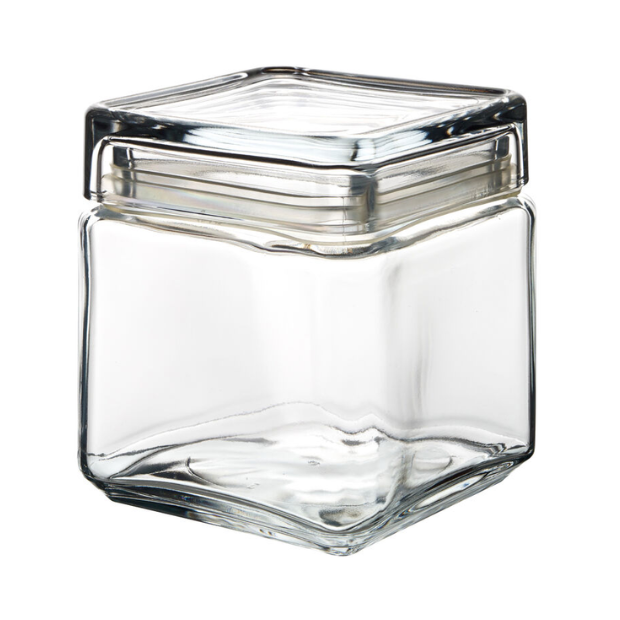 Square Biscotti glass jar by Glassware UK, 1L capacity, clear square container with a hinged lid, ideal for storing baked goods.