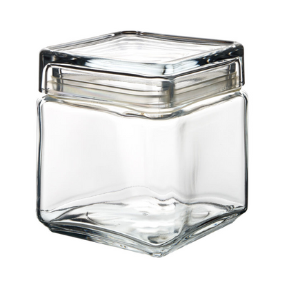 Square Biscotti glass jar by Glassware UK, 1L capacity, clear square container with a hinged lid, ideal for storing baked goods.
