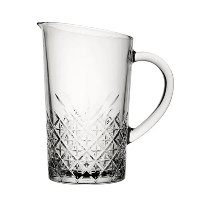 Vintage glass jug with a 1.4L capacity, clear transparent design, and classic shape from Glassware UK.