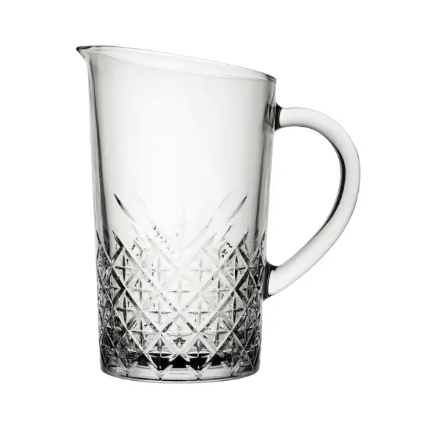 Vintage glass jug from Glassware UK, 1.4L capacity, clear transparent design with a wide opening and sturdy handle for serving beverages.