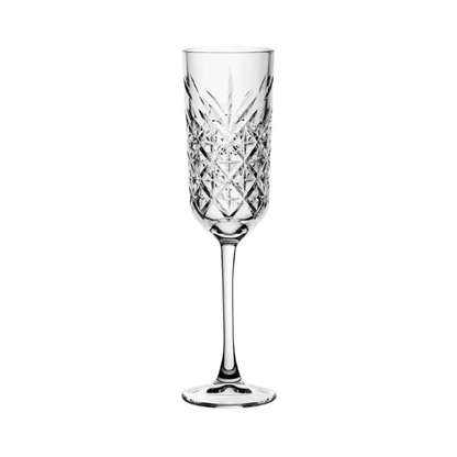 Elegant vintage glass champagne flute by Glassware UK, 170ml capacity with a slender stem and clear, decorative glass design.
