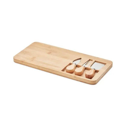 Bamboo cheese board set with cheese knives and serving tools, perfect for entertaining and gift-giving by Glassware UK.