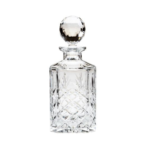 Crystal full cut square spirit decanter by Glassware UK, 0.8 liters, showcasing a elegant glass decanter with a square shape and intricate cut design.