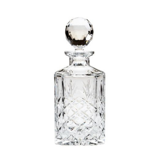 Crystal full cut square spirit decanter by Glassware UK, 0.8 liters, showcasing a elegant glass decanter with a square shape and intricate cut design.