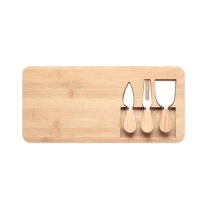 Bamboo cheese board set with cheese knives and utensils, perfect for serving and entertaining on a stylish gift set from Glassware UK.