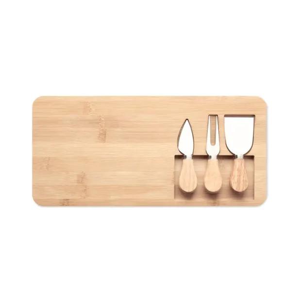 Bamboo cheese board set with cheese knives and utensils from Glassware UK, perfect for serving cheeses and snacks.