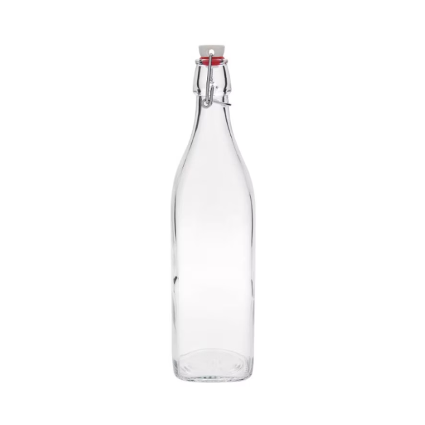 Square Bormioli Rocco Swing Top Bottle in 1 litre glass with a metal clasp and ceramic cap, ideal for storing liquids.