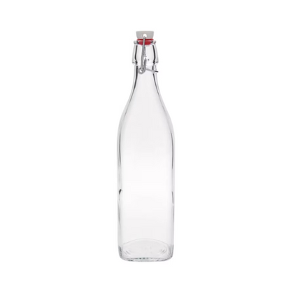 Square Bormioli Rocco Swing Top Bottle in 1 litre glass with a metal clasp and ceramic cap, ideal for storing liquids.