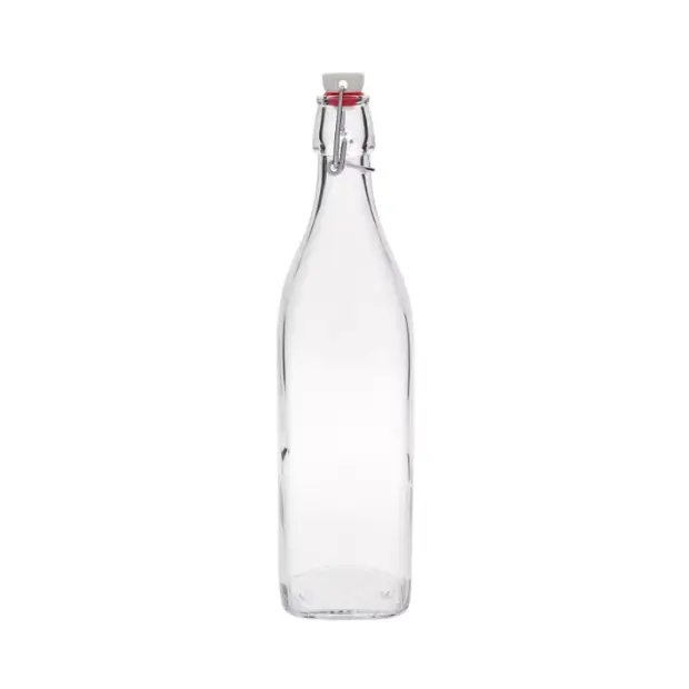 Bormioli Rocco 1L square swing top glass bottle with a metal lid, designed for storing liquids in a stylish way.