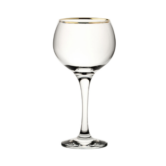 Gold rimmed Ambassador gin glass by Glassware UK, 560ml capacity, elegant crystal-clear design for serving gin drinks.