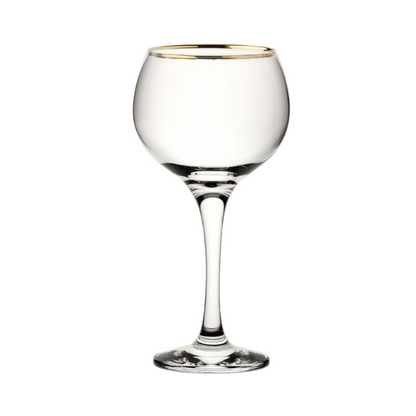 Gold-rimmed Ambassador gin glass from Glassware UK, 560ml, showcasing elegant design and clear glass with gold accents.