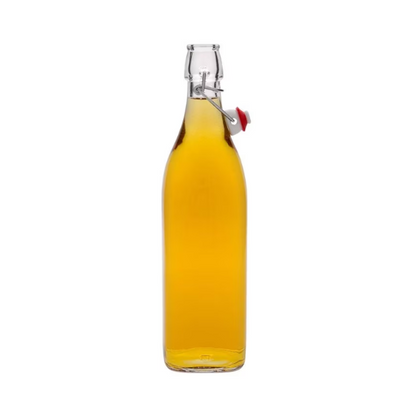 Bormioli Rocco 1L square swing top glass bottle with a metal clasp and ceramic lid for storage or beverages.