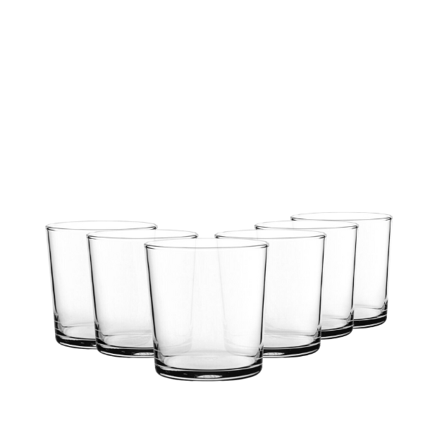 Set of six Glassware UK toughened turbo whisky tumblers, 370ml water glasses with a durable, modern design.