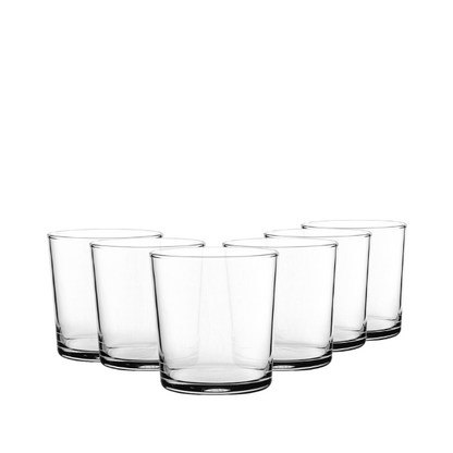 Set of six Glassware UK toughened turbo whisky tumblers, 370ml water glasses with a durable, modern design.