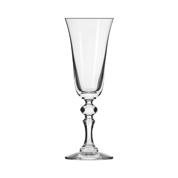 Set of 6 Krosno Krista 150ml champagne flutes by Glassware UK, clear glass with elegant tall stems, perfect for celebrating.