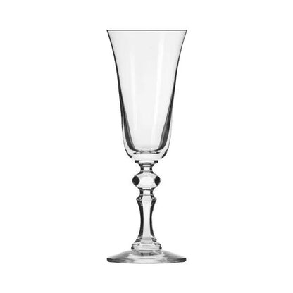 Six Krosno Krista champagne flutes, 150ml glassware set with clear tall stems and elegant bowl design, ideal for celebratory drinks.