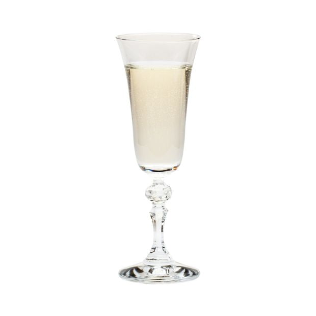 Set of six Krosno Krista Champagne Flutes, 150ml glassware with tall, slender stems and clear, elegant design for celebratory drinks.