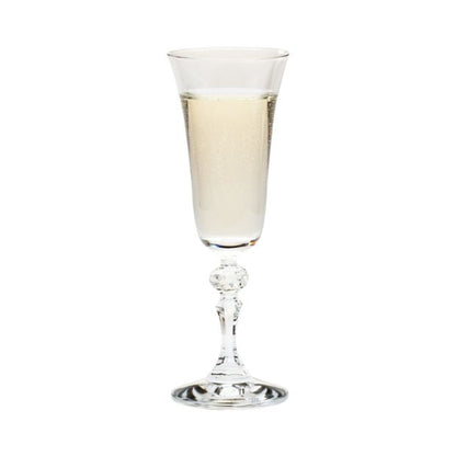 Set of six Krosno Krista Champagne Flutes, 150ml glassware with tall, slender stems and clear, elegant design for celebratory drinks.