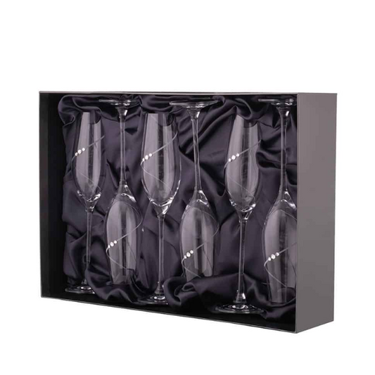 Set of six Diamante Champagne Flutes by Glassware UK featuring sparkling glassware with diamond accents, displayed in a gift box.