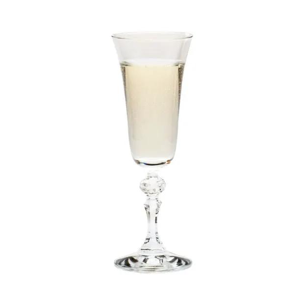 Set of six Krosno Krista Champagne Flutes, 150ml glassware with tall, elegant stems and clear crystal design.
