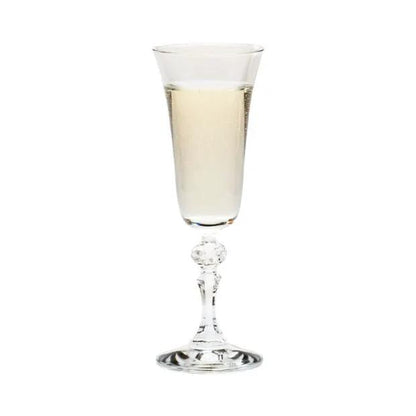 Set of six Krosno Krista Champagne Flutes, 150ml glassware with tall, elegant stems and clear crystal design.