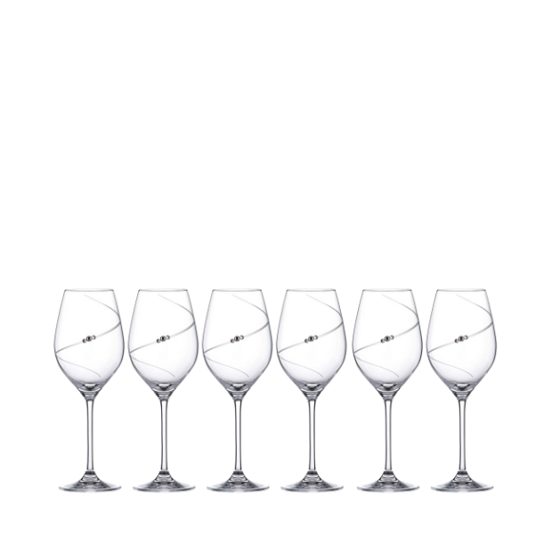 Set of six Glassware UK diamante champagne flute glasses in gift box, featuring elegant crystal stems and sparkling embellishments.