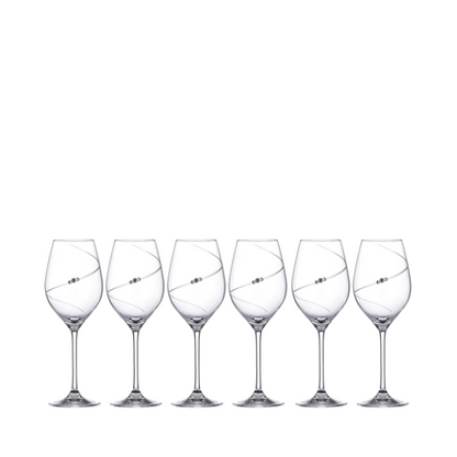 Set of six Glassware UK diamante champagne flute glasses in gift box, featuring elegant crystal stems and sparkling embellishments.