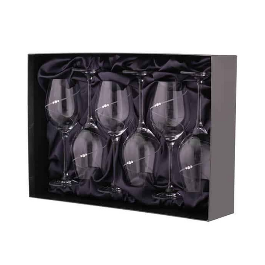 Set of six Diamante Champagne Flutes by Glassware UK in a gift box, featuring elegant crystal stems and sparkling diamanté embellishments.