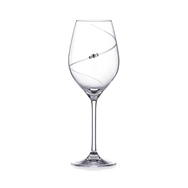 Set of 6 Glassware UK diamante champagne flutes with sparkling embellishments, displayed in a gift box.