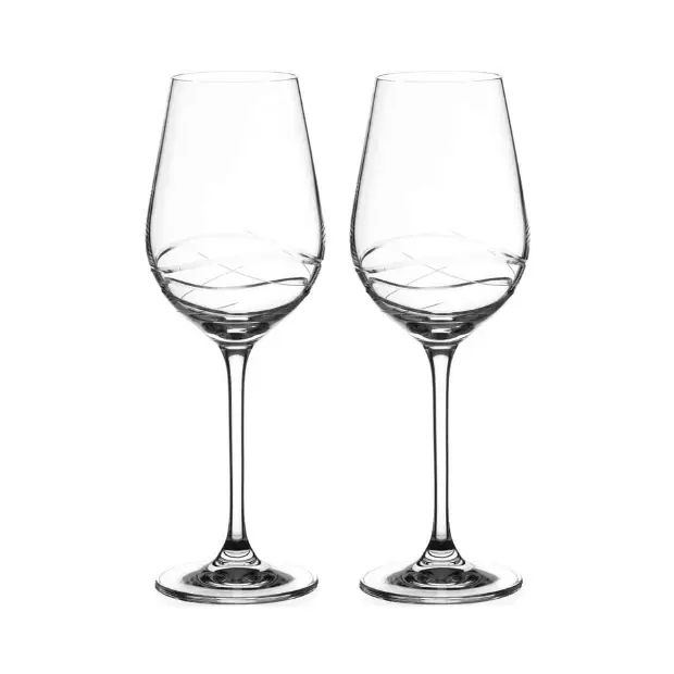Set of two Venice Crystal white wine glasses by Glassware UK, clear crystal, elegant shape, displayed in gift box.