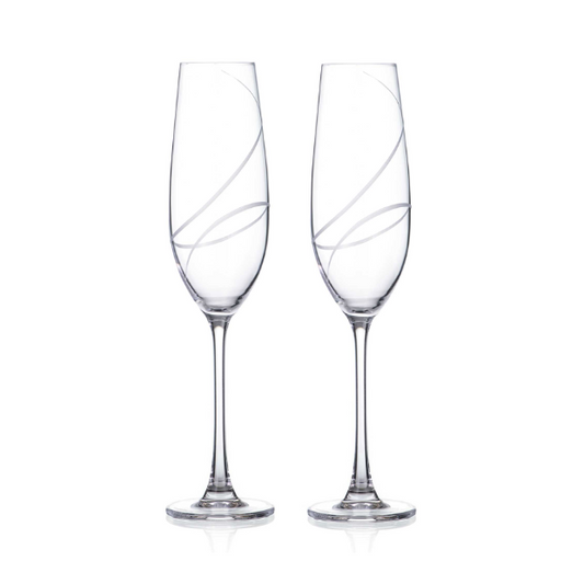 Two Crystalite Champagne Flutes by Glassware UK in a gift box, showcasing elegant, clear glassware for celebratory toasts.