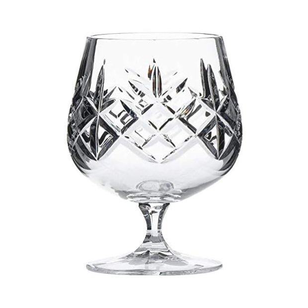 Set of six Flamenco Crystalite full cut brandy glasses by Glassware UK, 250ml whisky tumblers with intricate crystal design.