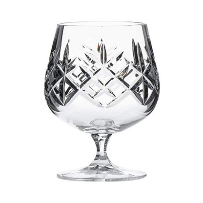 Set of six Flamenco Crystalite full cut brandy glasses by Glassware UK, 250ml whisky tumblers with intricate crystal design.