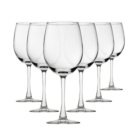 Set of six Vino wine glasses from Glassware UK, 470ml capacity, clear glass with elegant stem and bowl for wine serving.