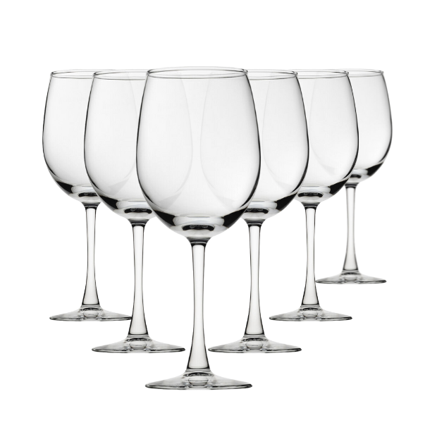 Set of six Glassware UK Vino wine glasses, 370ml capacity, clear glass with elegant stem design for wine serving.