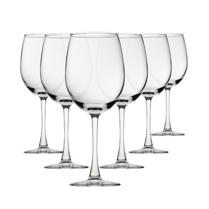Set of six Glassware UK Vino wine glasses, 370ml capacity, clear glass with elegant stem design for wine serving.