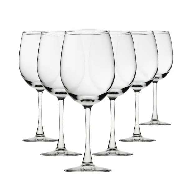 Set of six 470ml Vino Wine Glasses by Glassware UK, clear crystal stemware for red and white wines.