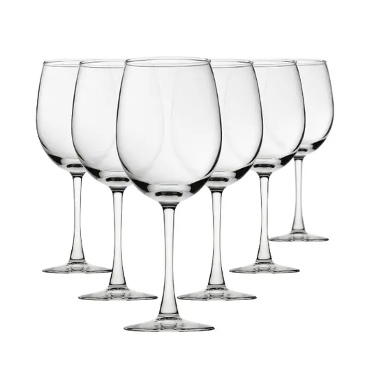 Set of six Glassware UK Vino wine glasses, 370ml capacity, clear glassware with elegant stems, ideal for wine drinking.