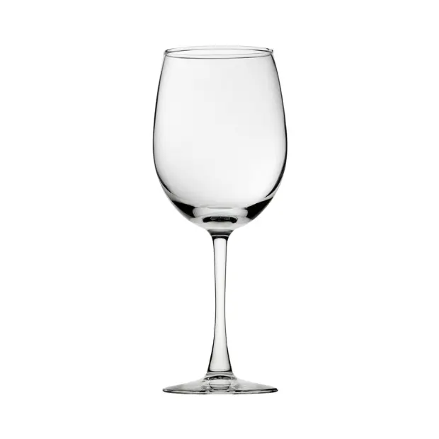 Set of six Glassware UK Vino wine glasses, 370ml capacity, clear glass with elegant stem design, perfect for wine drinking.