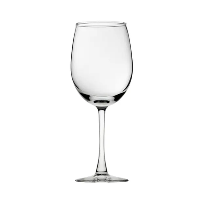 Set of six Glassware UK Vino wine glasses, 370ml capacity, clear glass with elegant stem design, perfect for wine drinking.