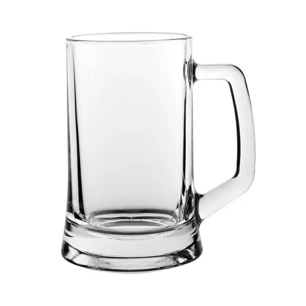 Small straight-sided glass tankard with 395ml capacity, featuring clear glass and sturdy handle, by Glassware UK.