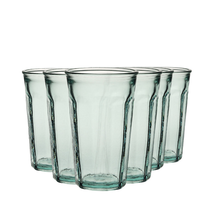 Set of six recycled Barca highball glasses, 300ml whisky tumblers from Glassware UK, featuring clear glass and modern design.