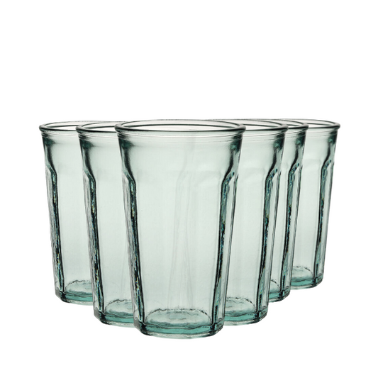 Set of six recycled Barca highball glasses, 300ml whisky tumblers from Glassware UK, featuring clear glass and modern design.