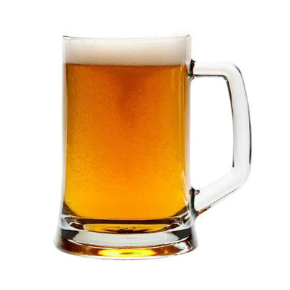 Small straight-sided glass tankard with 395ml capacity by Glassware UK, featuring a clear design and sturdy handle.