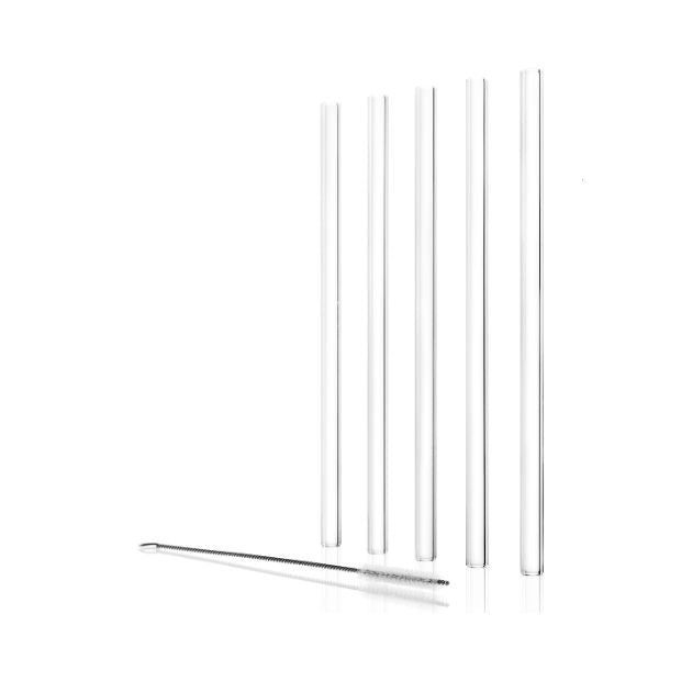 Set of six Stolzle glass drinking straws with cleaning brush, reusable glass accessories for beverages, by Glassware UK.