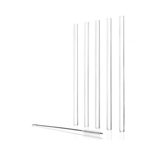 Set of six Stolzle glass drinking straws with cleaning brush, reusable glass accessories for beverages, by Glassware UK.