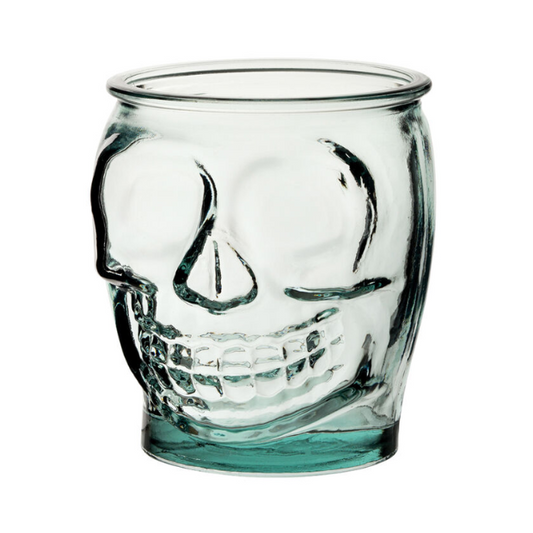 Skull-shaped recycled glass jar tankard from Glassware UK, 470ml capacity, featuring a detailed skull design on clear glass.
