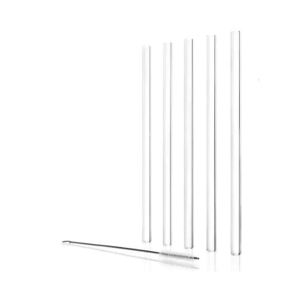 Set of six Stolzle glass drinking straws with cleaning brush from Glassware UK, showcasing clear glass straws and cleaning tool.