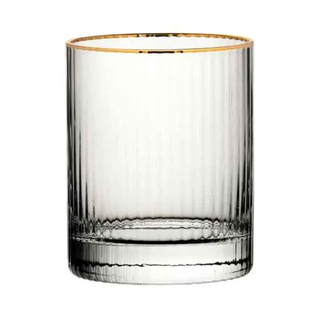 Set of six Hayworth Gold Rimmed whisky tumblers from Glassware UK, 320ml each, clear glass with elegant gold rims.